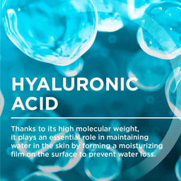Hyaluronic acid molecules with text explaining its function on a blue background