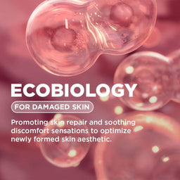 Promotional graphic with the word 'ECOBIOLOGY' and the subtitle 'FOR DAMAGED SKIN' over a pink abstract background showing translucent bubble-like forms. Smaller text reads: 'Promoting skin repair and soothing discomfort sensations to optimize newly formed skin aesthetic.