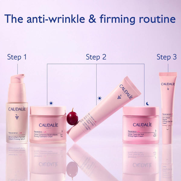 A skincare routine graphic showing five Caudalie products arranged in three steps against a pale lavender background, with the headline 'The anti-wrinkle & firming routine' at the top.