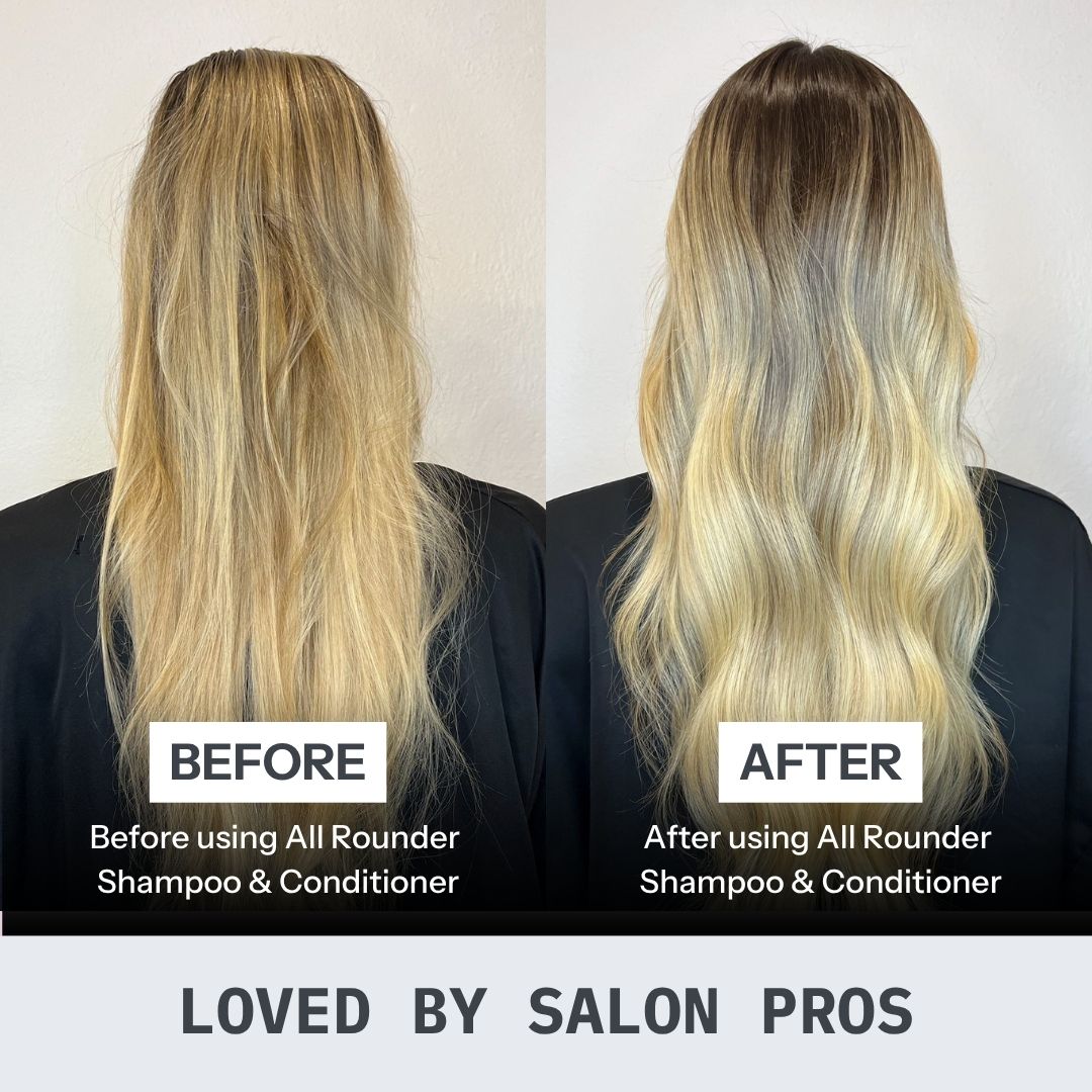 Before and after comparison of hair using All Rounder Shampoo & Conditioner.
