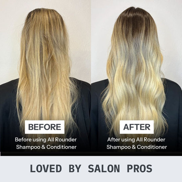 Before and after comparison of hair using All Rounder Shampoo & Conditioner.