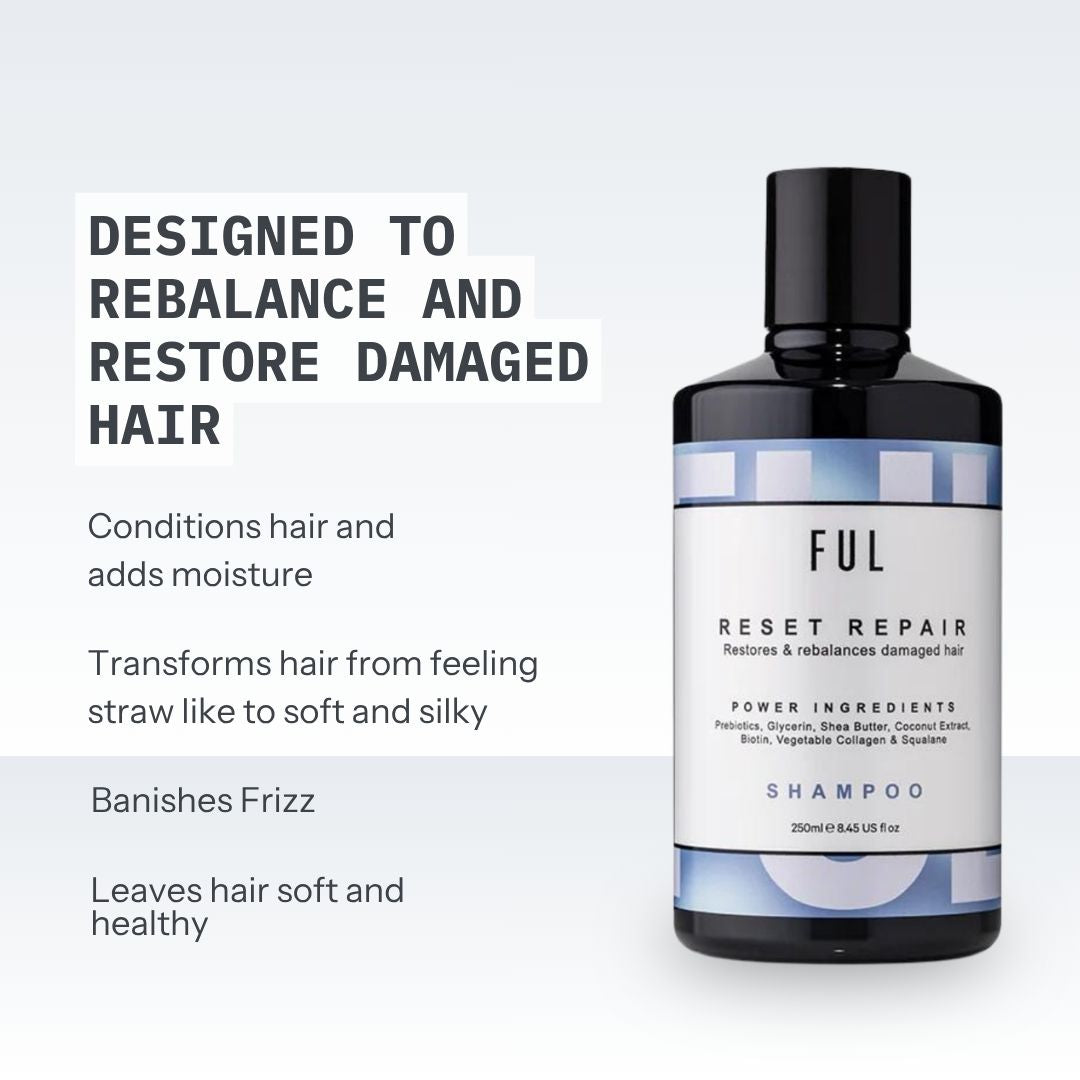FUL Reset Repair shampoo bottle with text on a light gray background