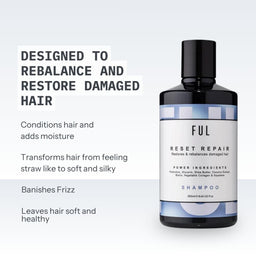 FUL Reset Repair shampoo bottle with text on a light gray background