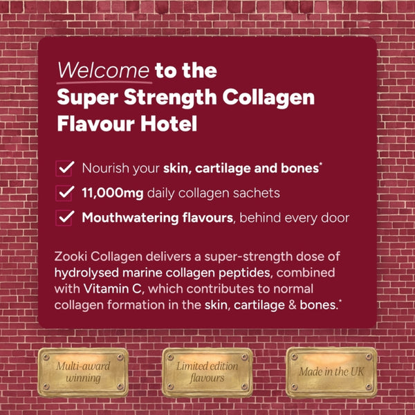 Promotional graphic for Zooki Collagen featuring a dark red text panel on a red brick background, with the headline 'Welcome to the Super Strength Collagen Flavour Hotel' and bullet points about skin, cartilage, bones, and daily collagen sachets. Three brass-style badges at the bottom read 'Multi-award winning,' 'Limited edition flavours,' and 'Made in the UK.