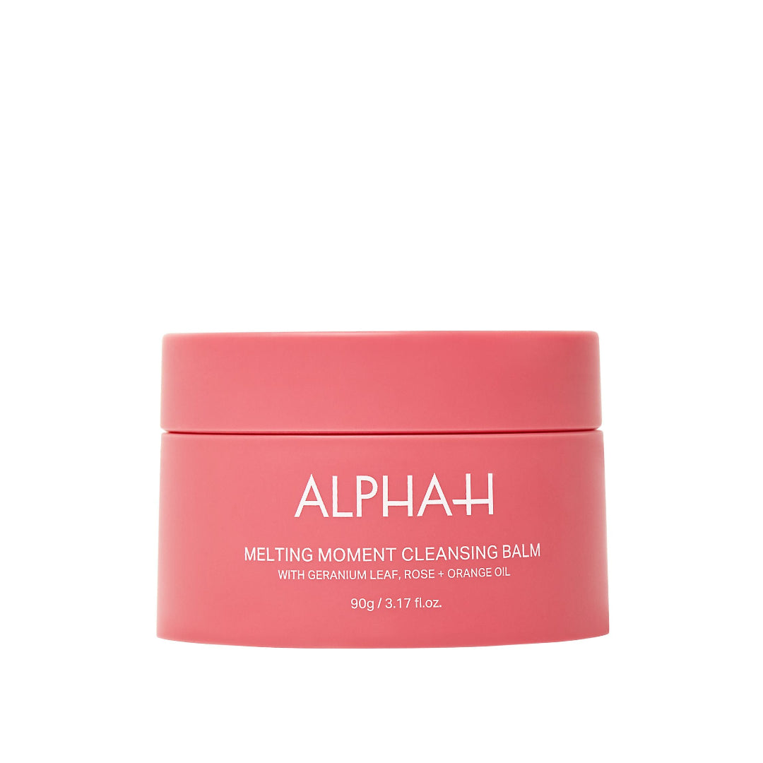 Pink jar of Alpha+ Melting Moment Cleansing Balm on a white background