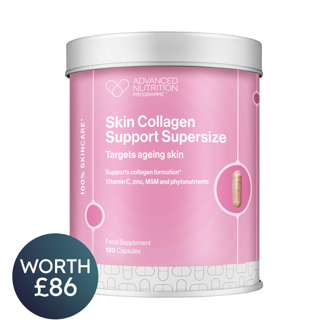 A pink cylindrical supplement canister labeled 'Advanced Nutrition Programme Skin Collagen Support Supersize' with a silver lid, shown on a white background with a dark blue circular badge reading 'WORTH £86'.