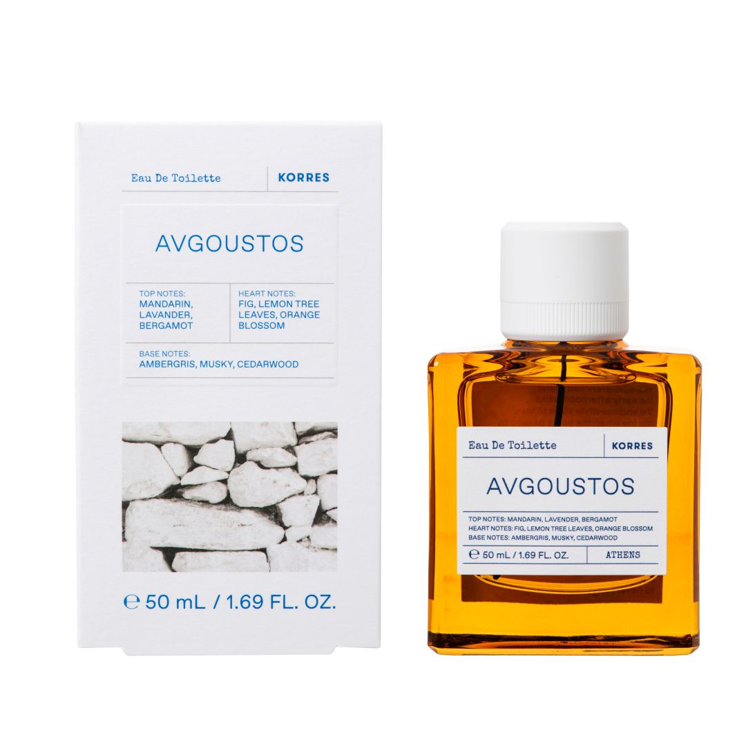 Korres Avgoustos Eau de Toilette bottle and packaging on a white background