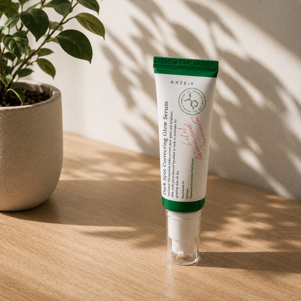 Tube of AXIS-V Dark Spot Correcting Glow Serum on a wooden surface with a plant in the background