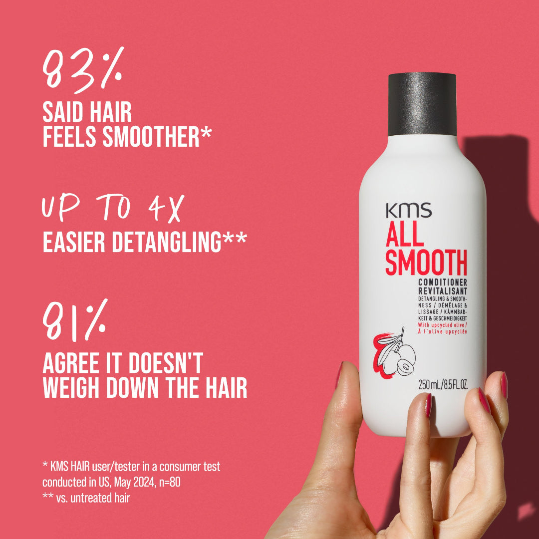KMS All Smooth conditioner bottle held by a hand with text on a pink background