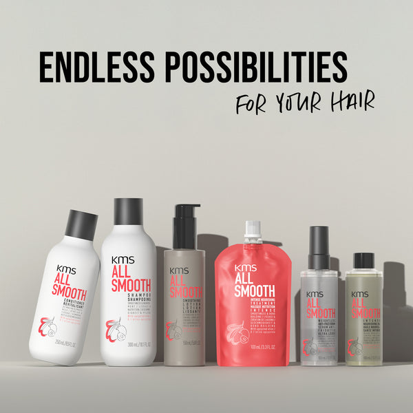 KMS All Smooth hair care products on a gray background with 'Endless Possibilities for Your Hair' text.