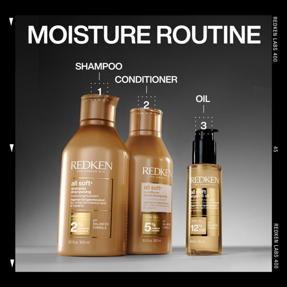 Redken hair care products for a moisture routine on a gray background