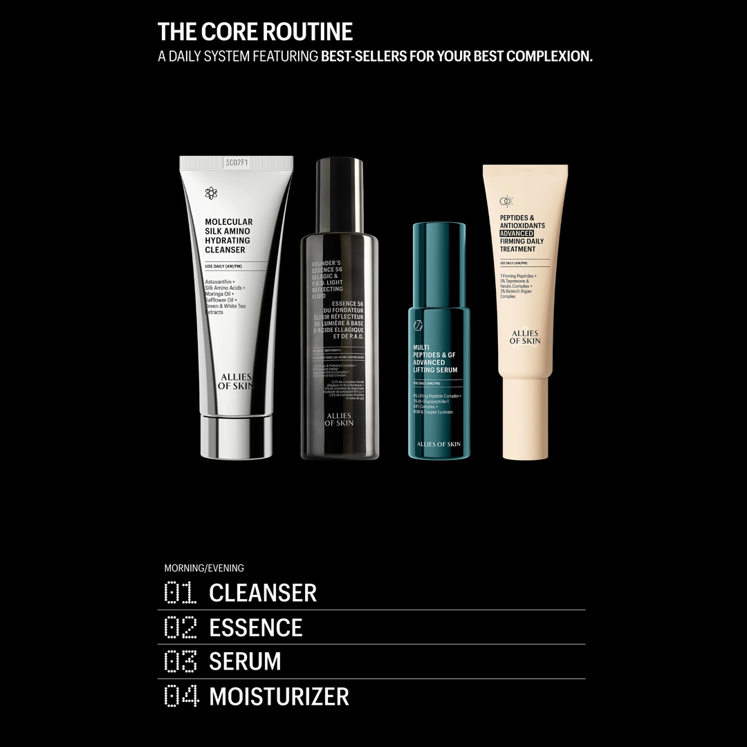 Four skincare bottles from Alor of Skin arranged on a black background, with text above reading 'THE CORE ROUTINE' and below listing cleanser, essence, serum, and moisturizer.