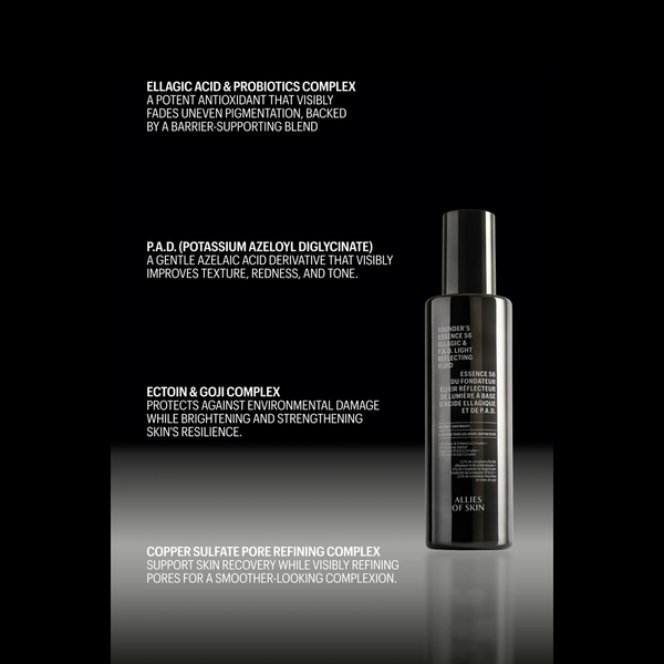 A black bottle of SKIN1001 PROBIOTICS serum with white text, shown on a reflective black background with descriptive white text overlays detailing its ingredients.