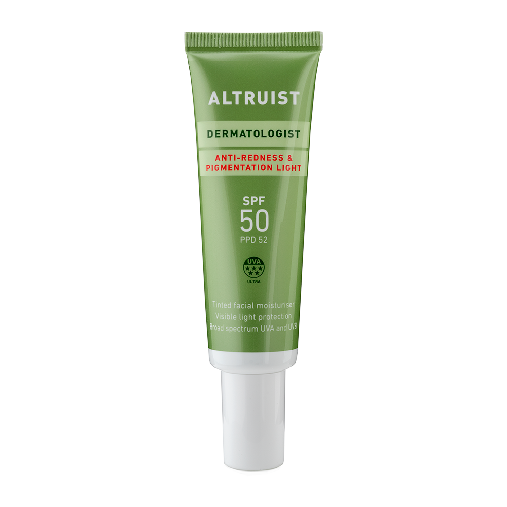 Green tube of Altruist Dermatologist sunscreen on a white background