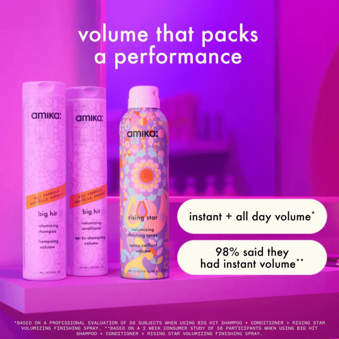 Amika hair care products on a purple background with text about volume and performance.