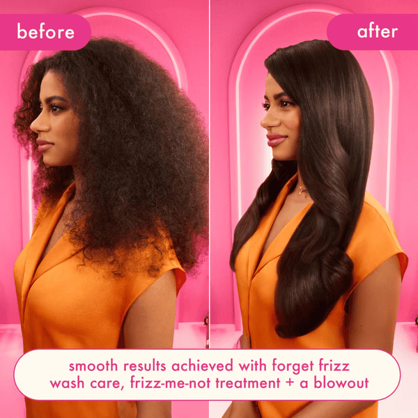 Before and after comparison of a woman's hair with text on a pink background