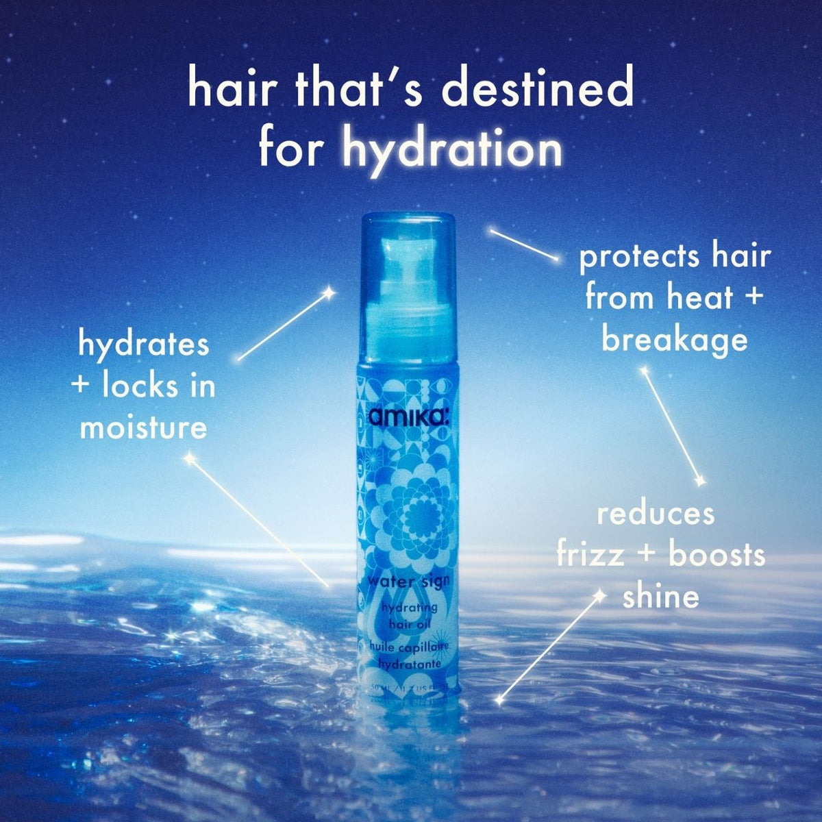 Amika hair product with features listed on a blue background