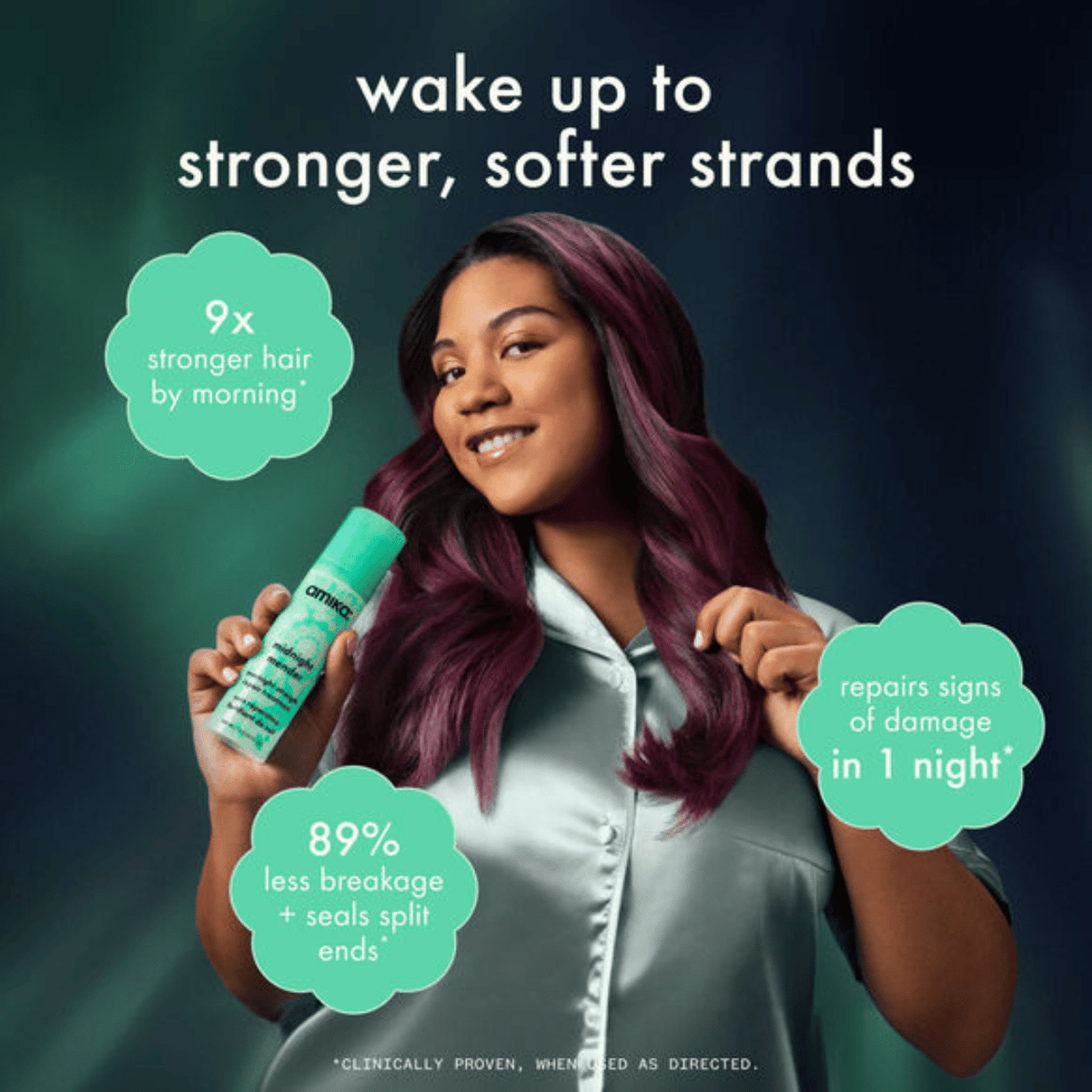 Woman with purple hair holding a bottle of shampoo, with text about hair health benefits on a dark background.