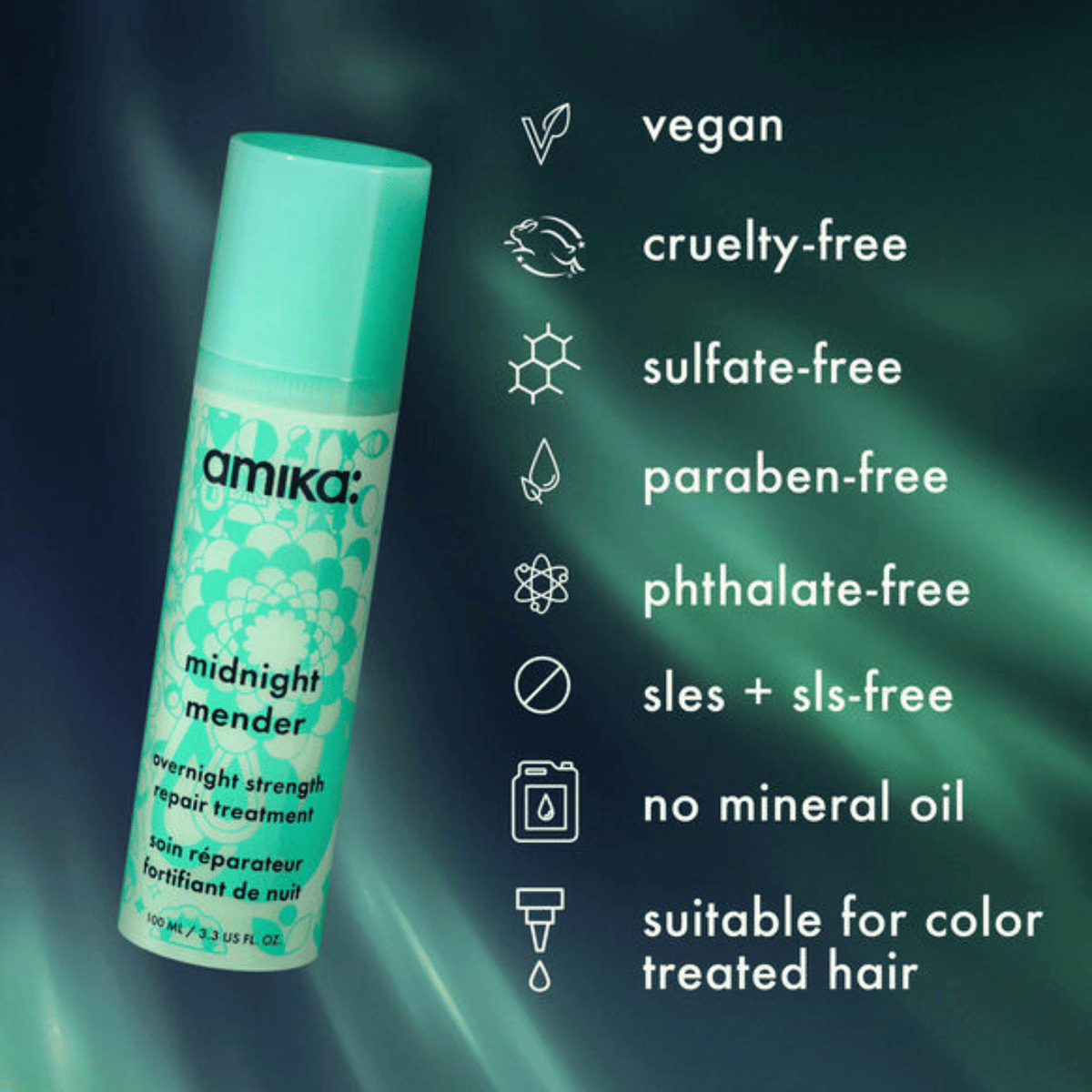 Amika midnight mender hair treatment bottle with product features on a dark green background