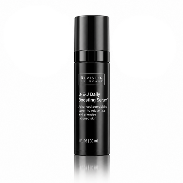 Revision Skincare D-E-J Daily Boosting Serum in a black cylindrical bottle, shown on a white background with two award badges: a blue circular Beauty & Longevity Choice 2026 Winner badge on the left and a black Get The Gloss Beauty Awards 2025 Winner badge on the right.