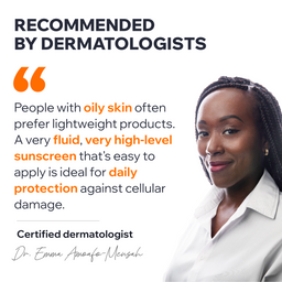 Woman with text about recommended dermatologist products on a white background