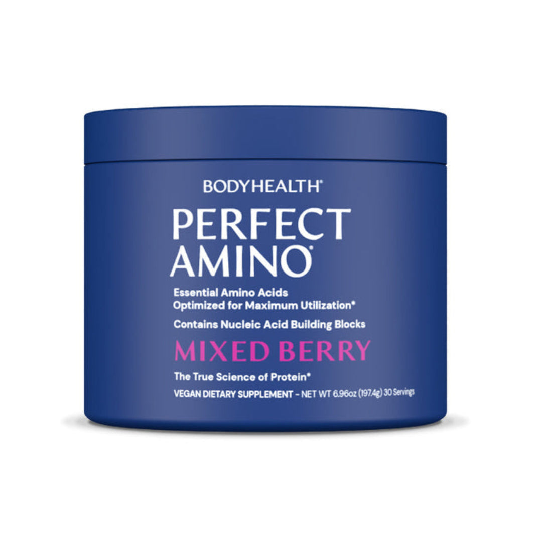 Blue container of BodyHealth Perfect Amino with 'Mixed Berry' flavor on a white background
