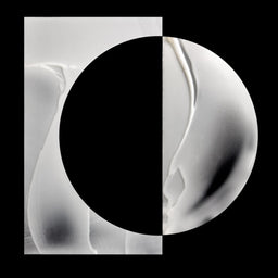 Abstract black and white art print featuring a large black oval overlapping a vertical white rectangular panel with soft gray and white curved organic shapes.