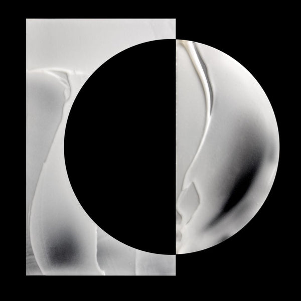 Abstract black and white art print featuring a large black oval overlapping a vertical white rectangular panel with soft gray and white curved organic shapes.