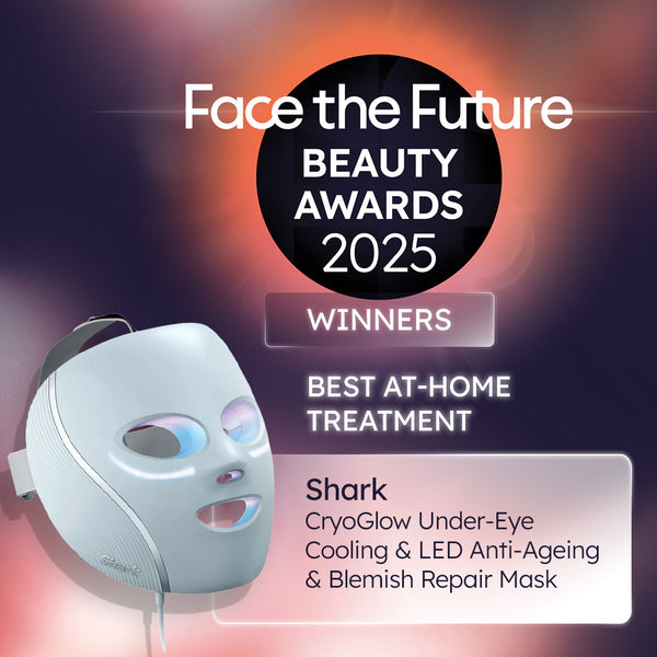 Shark CryoGlow Under-Eye Cooling & LED Anti-Ageing & Blemish Repair Mask with 'Face the Future Beauty Awards 2025' text on a colorful background.