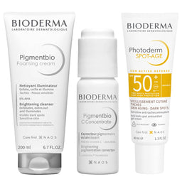 Three Bioderma skincare products on a plain white background: a white tube of PigmentboFoaming cream, a white bottle of PigmentboC-Concentrate, and a white tube of Photoderm Spot-AGE with a yellow sun protection panel.