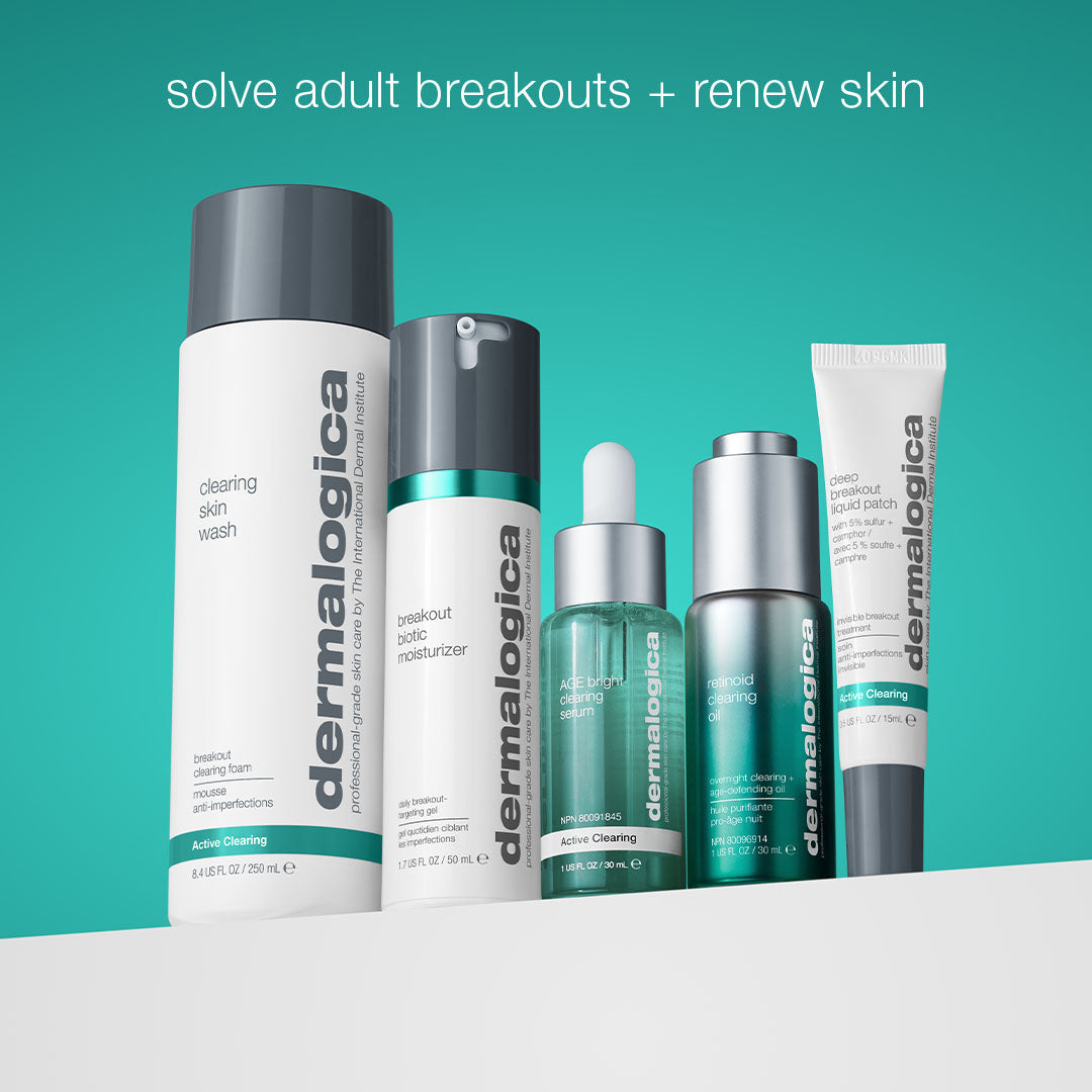 Dermalogica skincare products on a teal background with text 'solve adult breakouts + renew skin'.