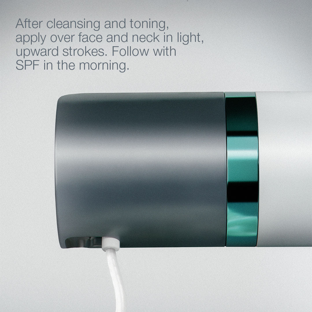 Skincare device with text on a gray background