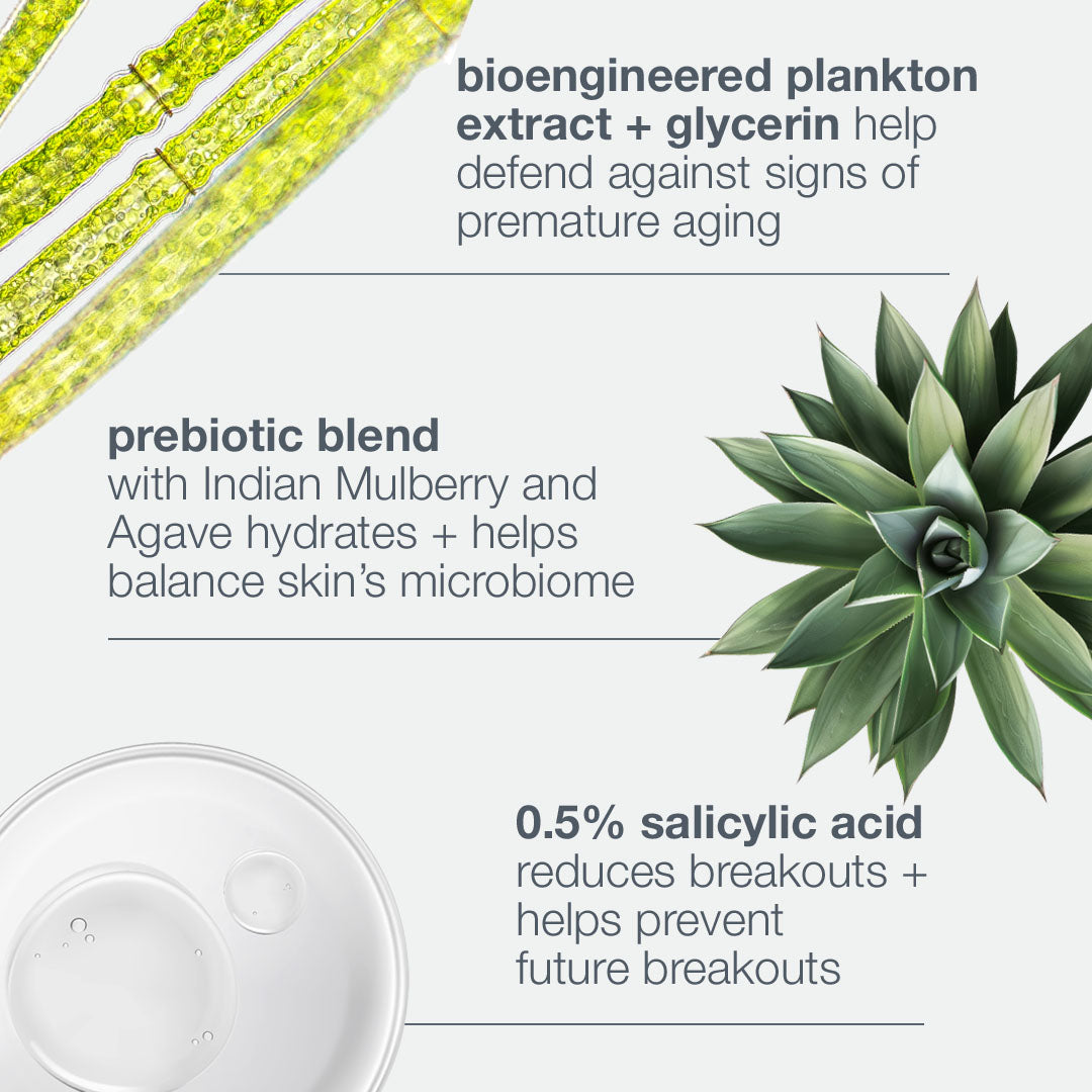Product packaging with text about bioengineered plankton extract, prebiotic blend, and salicylic acid on a white background.