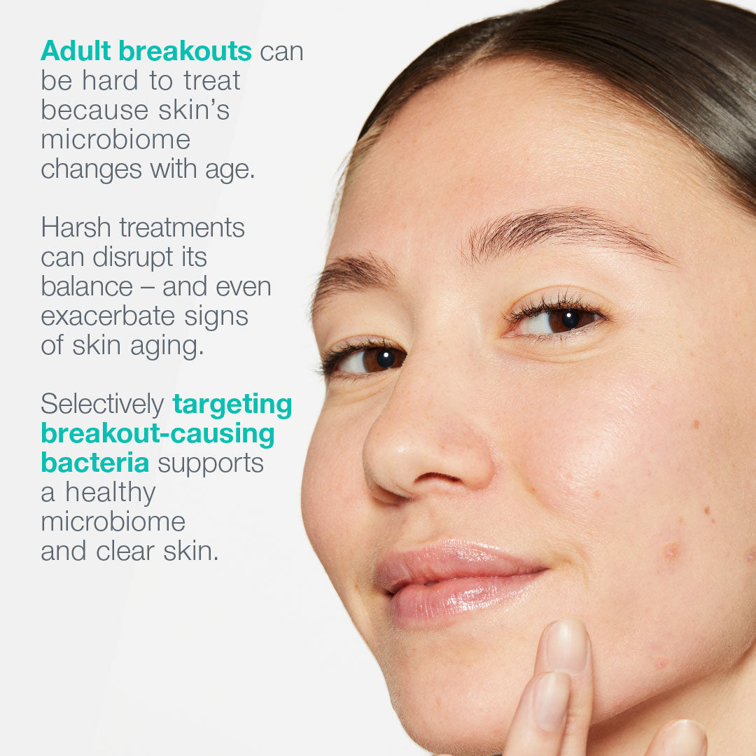 Close-up of a person's face with text about skin care and microbiome.