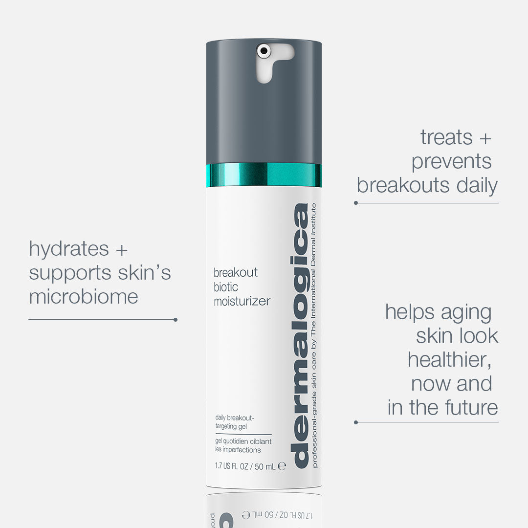 Dermalogica breakout biotic moisturizer bottle on a white background with text highlighting product benefits.