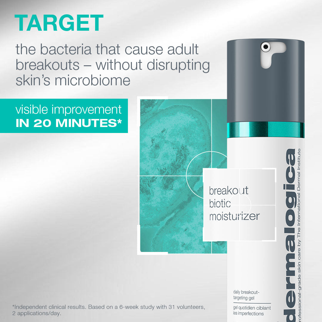 Dermalogica breakout biotic moisturizer with text about targeting bacteria causing adult breakouts.
