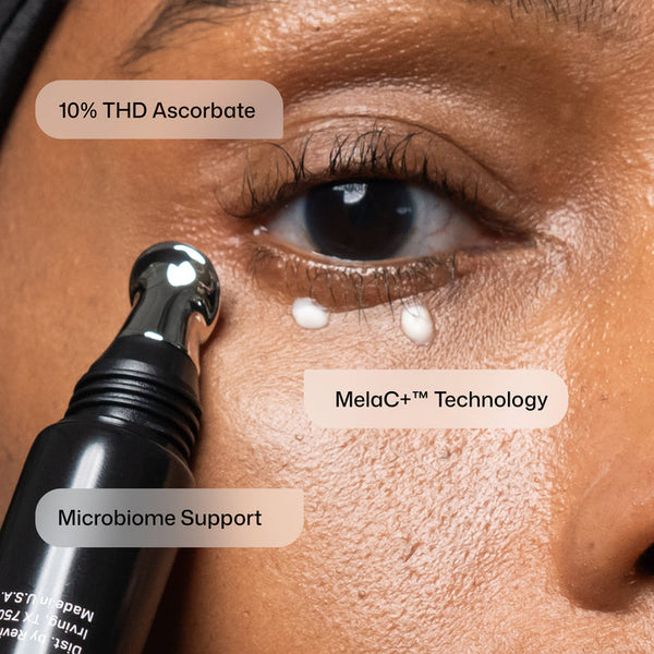 Close-up of a person's eye area with a black eye-cream applicator touching the skin, white cream visible at the lower lash line, and text callouts reading '10% THD Ascorbate,' 'MelaC+ Technology,' and 'Microbiome Support.'.