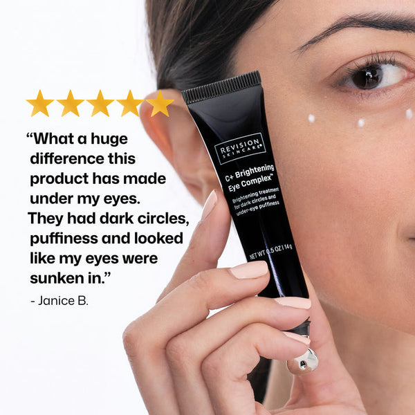 A close-up of a woman holding a black Revision System C- Brightening Eye Complex tube near her face, with a customer review quote and gold stars on a white background.