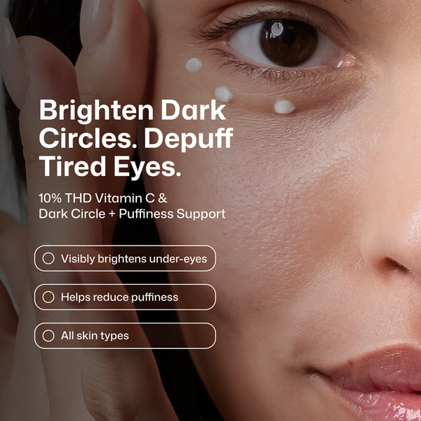Close-up of a woman's face with text reading 'Brighten Dark Circles. Depuff Tired Eyes.