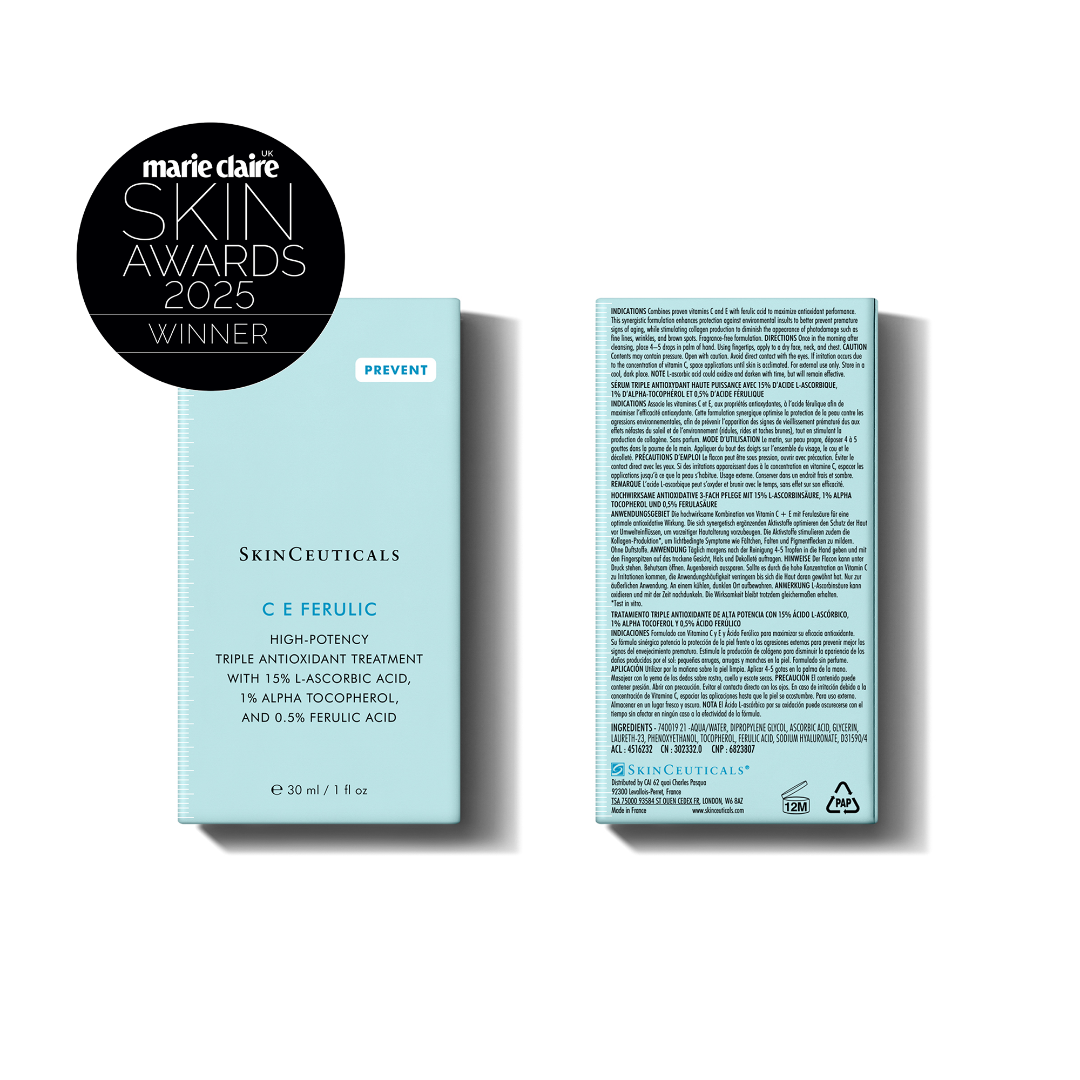 Skincare product packaging with 'Marie Claire Skin Awards 2023 Winner' label on a white background