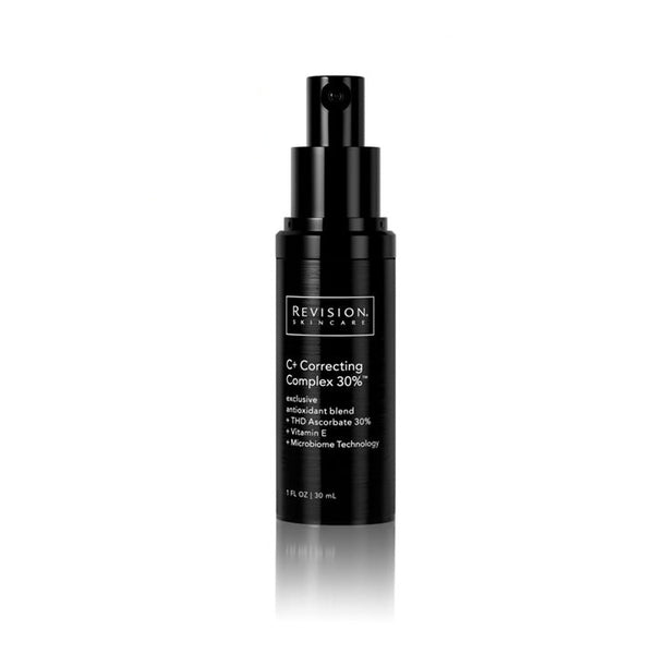 Revision Skin Care C+ Correcting Complex 30% in a black pump bottle, shown on a white background with two award badges: The Attracta Halte Beauty Award Winner 2025 on the left and Get Gloss Beauty Awards Finalist 2025 on the right.
