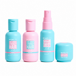 HairBliss hair care set featuring a light blue bottle of Hair Growth Elixir, a pink bottle of For Longer Stronger Hair, a matching light blue pump bottle, and a light blue jar of Hair Mask, all on a white background.