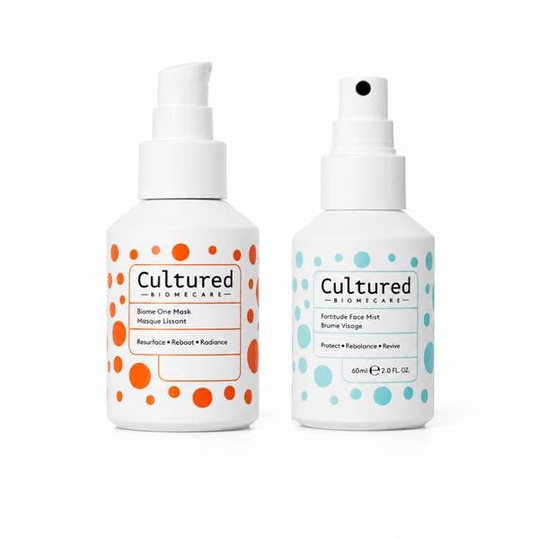 Two white skincare bottles from Cultured Biomecare on a white background. The left bottle has orange polka dots and is labeled 'Botime One Mask'.