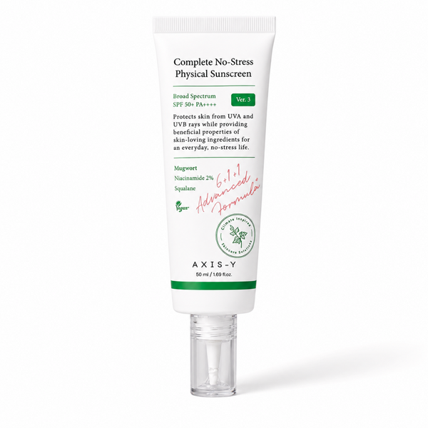 Axis-Y Complete No-Stress Physical Sunscreen tube on a white background