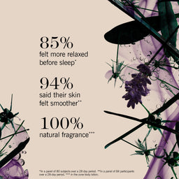 A beige promotional graphic with black text reading '85% felt more relaxed before sleep', '94% said their skin felt smoother', and '100% natural fragrance', decorated with purple flowers and dark green leaves with water droplets on the right side.