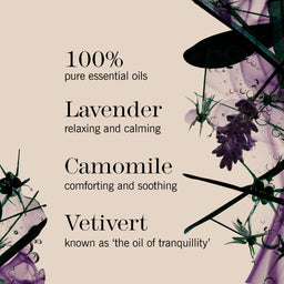 A square graphic with a warm beige background and decorative botanical illustrations in purple and dark green. Black text reads: '100% pure essential oils' with listed scents 'Lavender,' 'Camomile,' and 'Vetivert' and their benefits.