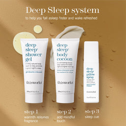 Three white skincare products from thisworks are arranged on a warm tan textured background with water droplets. The products are: Deep Sleep Shower Gel, Deep Sleep Body Cocoon, and Deep Sleep Pillow Spray.
