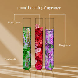 Three labeled glass test tubes filled with floral imagery on a warm beige background, with text reading 'mood-boosting fragrance' and labels 'Geranium,' 'Bergamot,' and 'Patchouli.'.