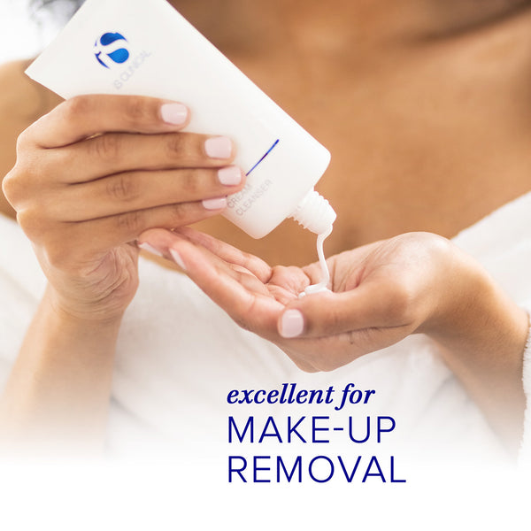 Person applying a white cream to their hand with text 'excellent for MAKE-UP REMOVAL'.