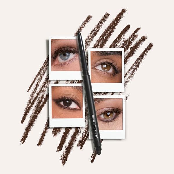 Eyebrow pencil with close-up images of eyes on a light background